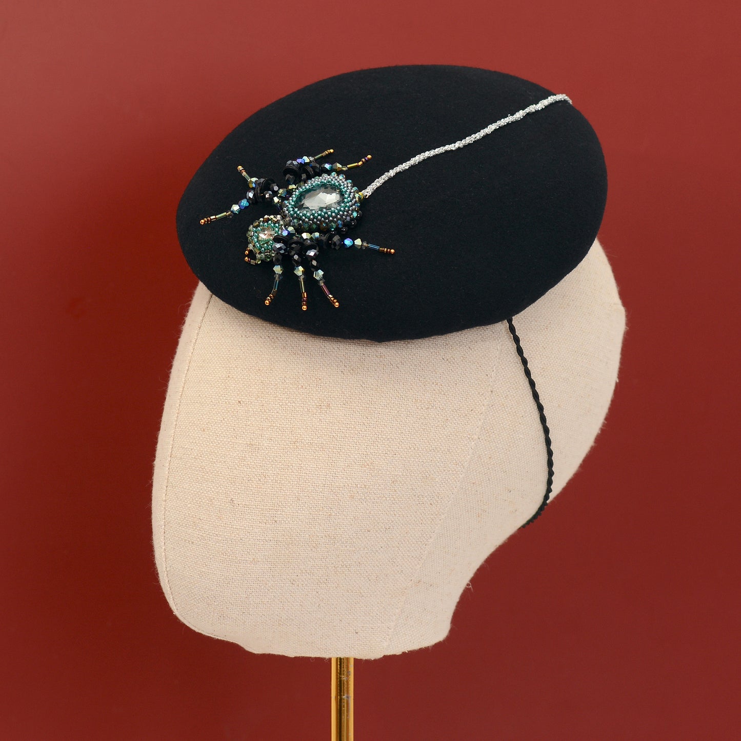 Anansi -  Black Wool Jewelled Spider Beret