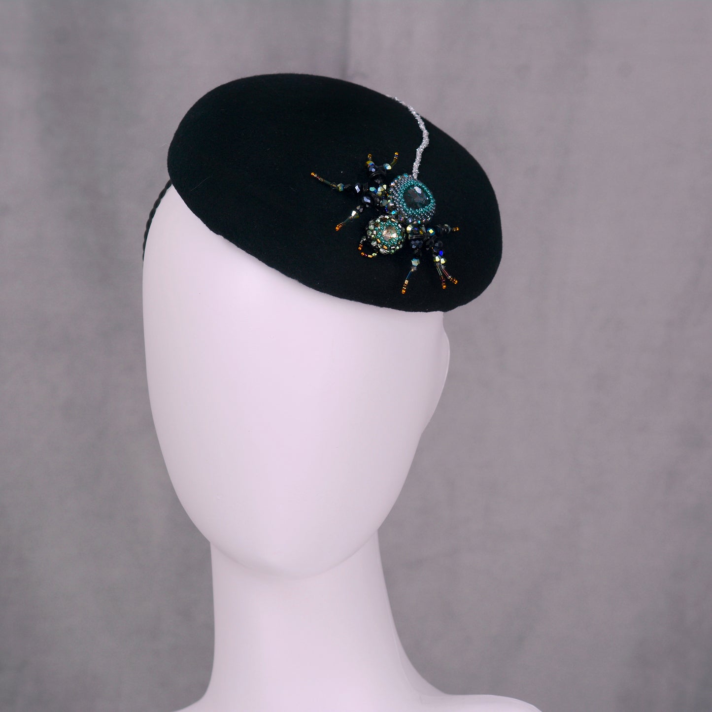Anansi -  Black Wool Jewelled Spider Beret