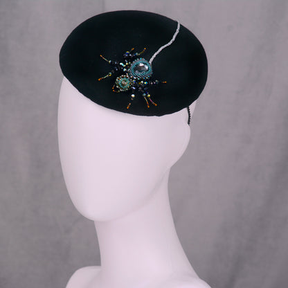 Anansi -  Black Wool Jewelled Spider Beret