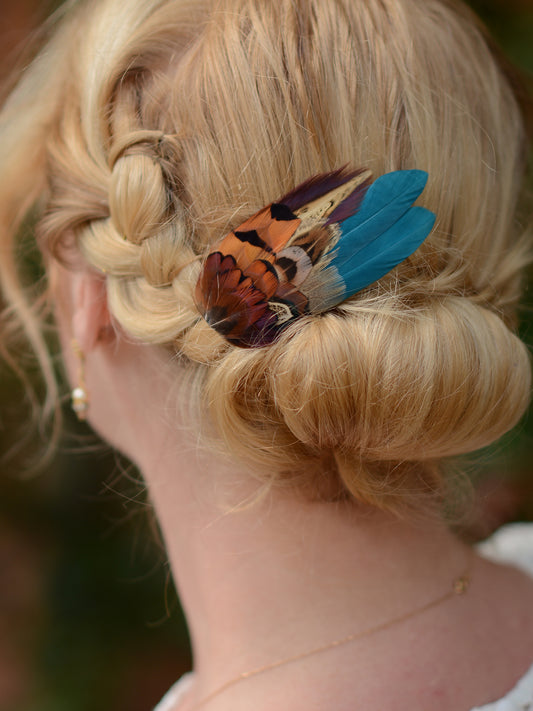 Small Teal and Copper Pheasant Feather Hair Clip No.4