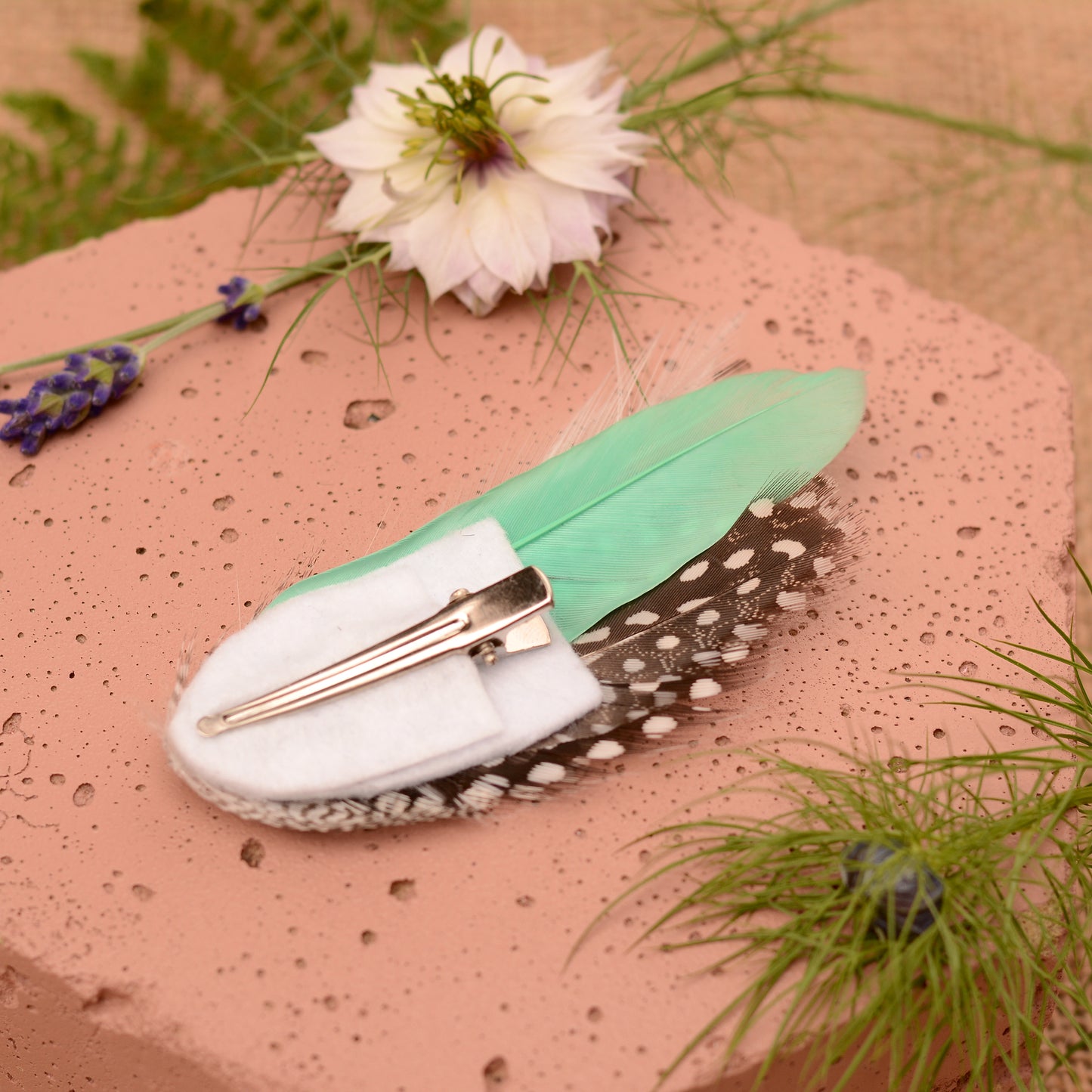 Feather Hair Clip in Mint Green and Polka Dot No.11
