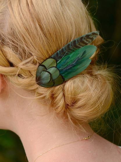 Dark Green Pheasant Feather Hair Clip No.50