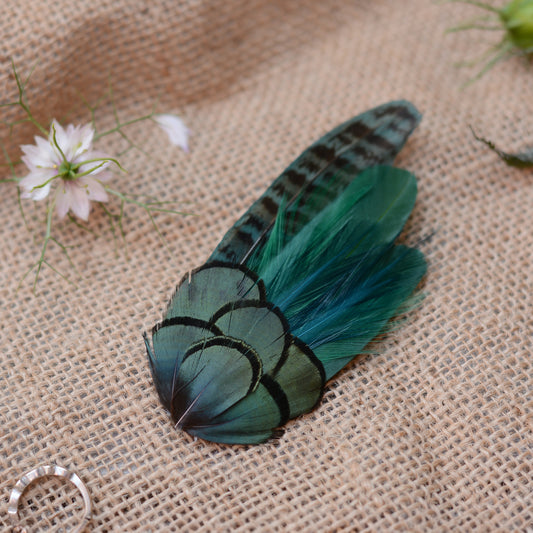 Dark Green Pheasant Feather Hair Clip No.50