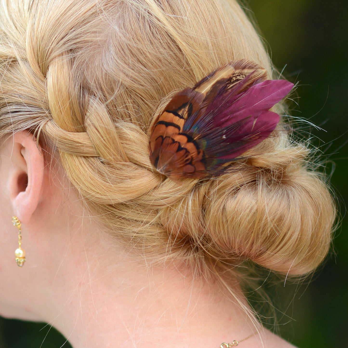 Pheasant Feather Hair Clip in Plum Purple and Copper
