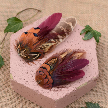 Pheasant Feather Hair Clip in Plum Purple and Copper