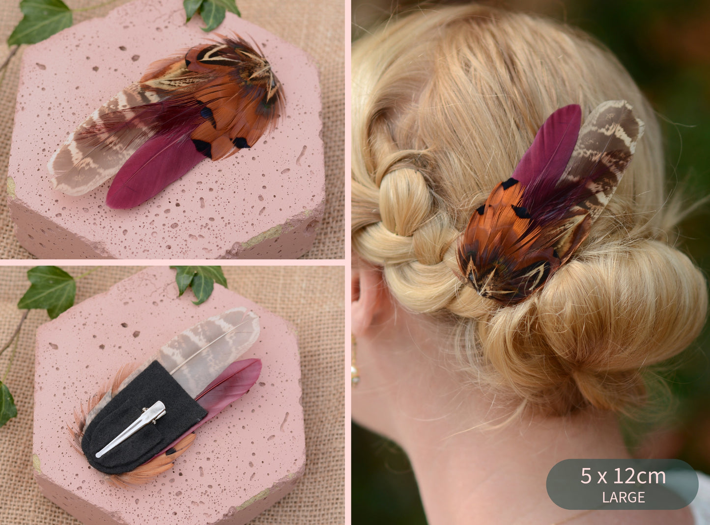 Pheasant Feather Hair Clip in Plum Purple and Copper