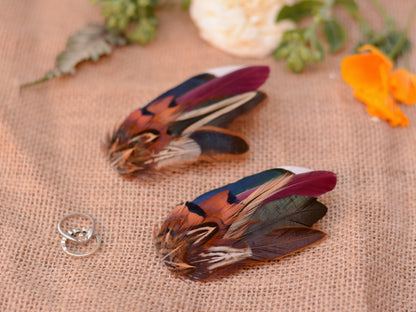 Feather Hair Clip in Navy Blue and Burgundy Pheasant and Duck Feathers No.77