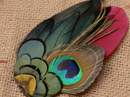 Large Burgundy and Peacock Feather Hair Clip Fascinator No.84