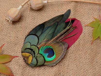 Large Burgundy and Peacock Feather Hair Clip Fascinator No.84