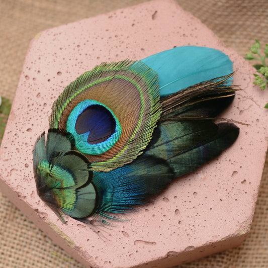 Teal and Peacock Feather Hair Clip No.83