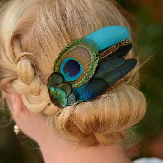 Teal and Peacock Feather Hair Clip No.83