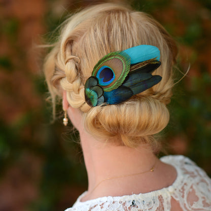 Teal and Peacock Feather Hair Clip No.83