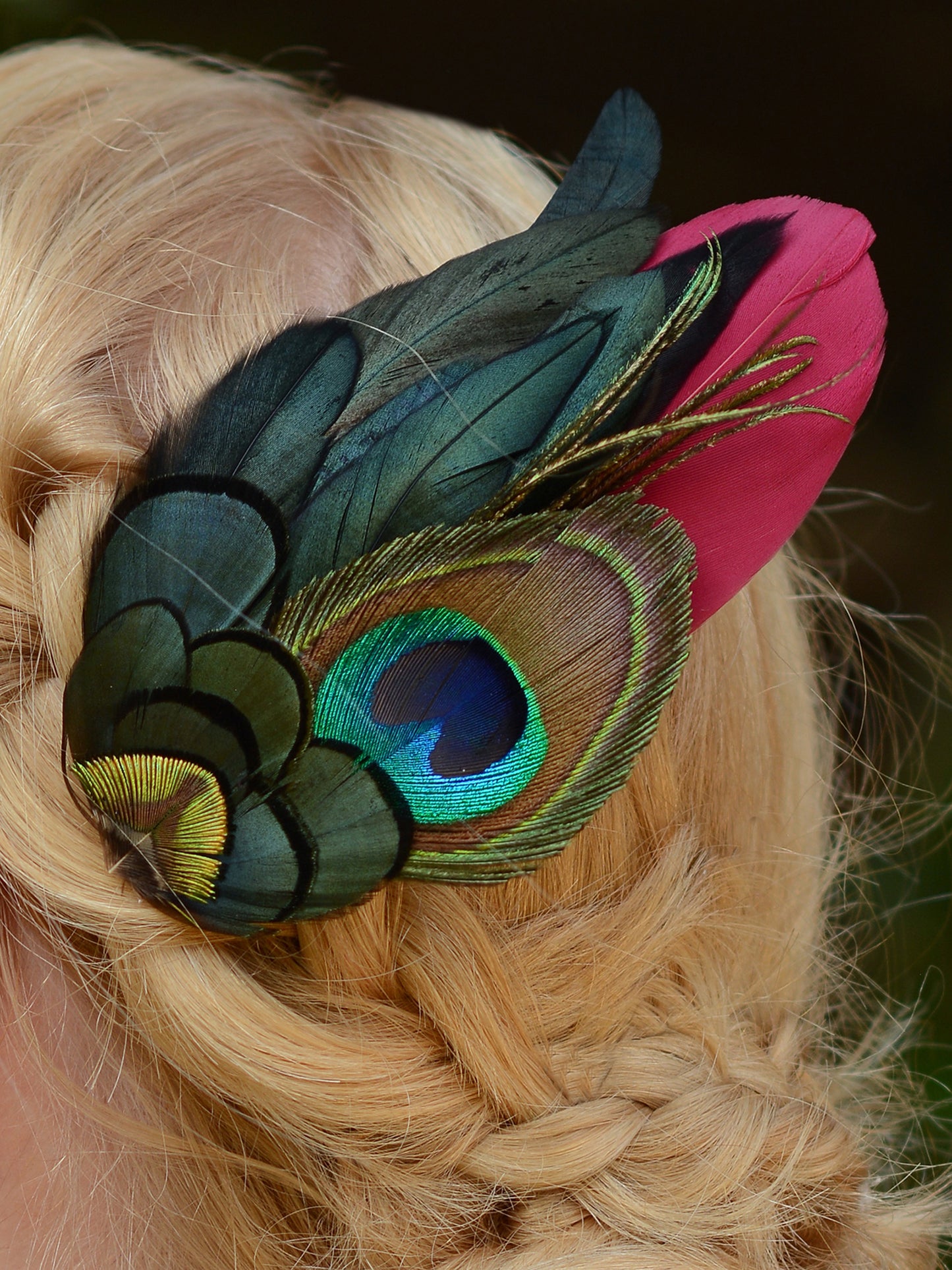 Large Burgundy and Peacock Feather Hair Clip Fascinator No.84