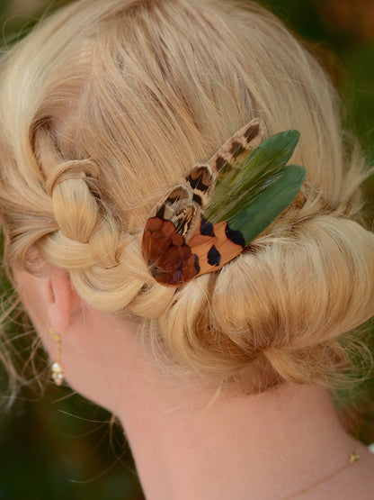 Small Green and Copper Pheasant Feather Hair Clip No.085