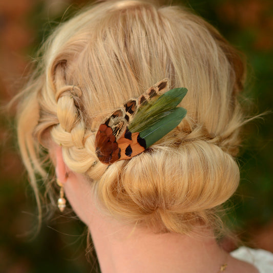 Small Green and Copper Pheasant Feather Hair Clip No.085