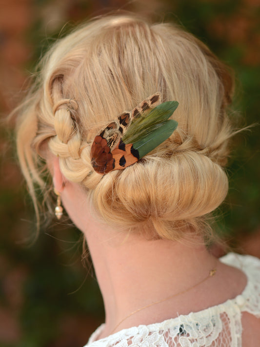 Small Green and Copper Pheasant Feather Hair Clip No.085