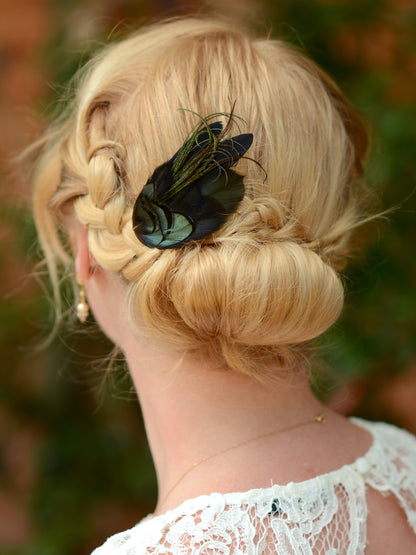 Black and Green Feather Hair Clip Small