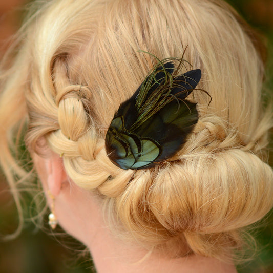 Black and Green Feather Hair Clip Small