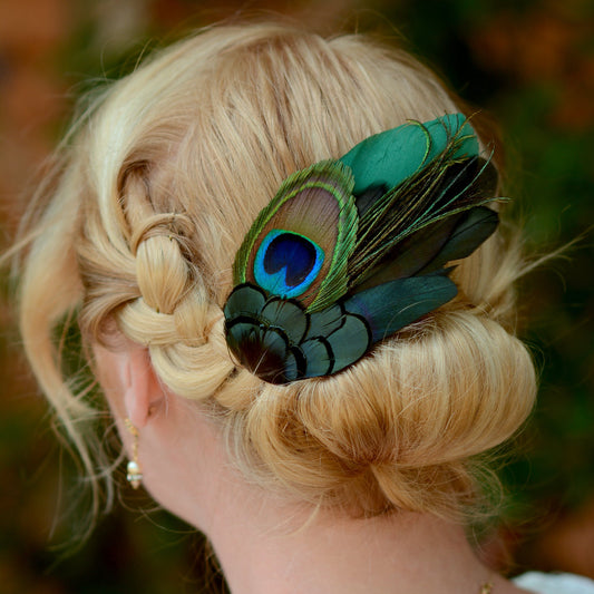Green and Peacock Feather Hair Clip Large