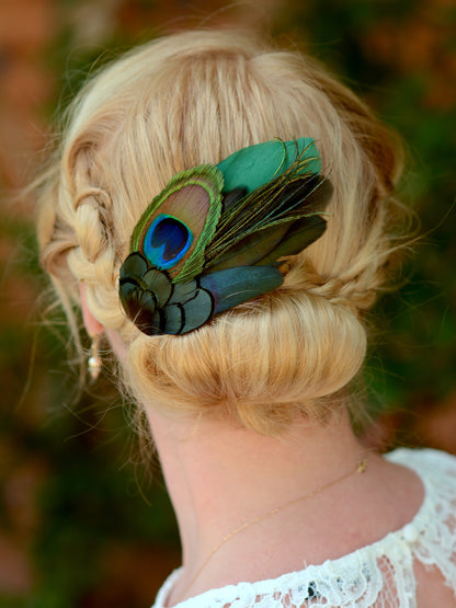 Green and Peacock Feather Hair Clip Large