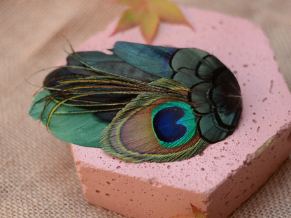 Green and Peacock Feather Hair Clip Large
