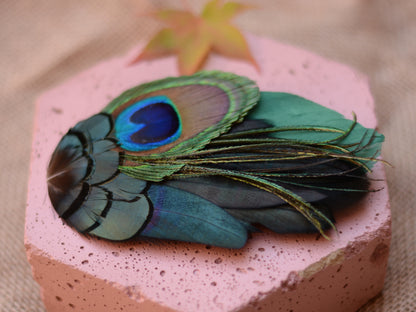 Green and Peacock Feather Hair Clip Large