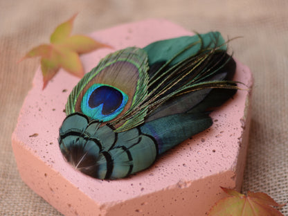 Green and Peacock Feather Hair Clip Large