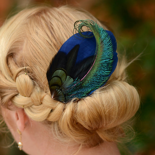 Navy Blue and Peacock Feather Hair Clip No.89