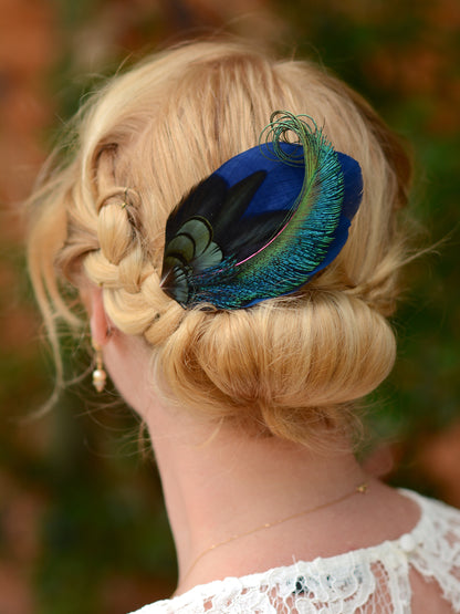 Navy Blue and Peacock Feather Hair Clip No.89