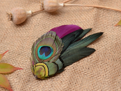 Plum and Peacock Feather Hair Clip No.092