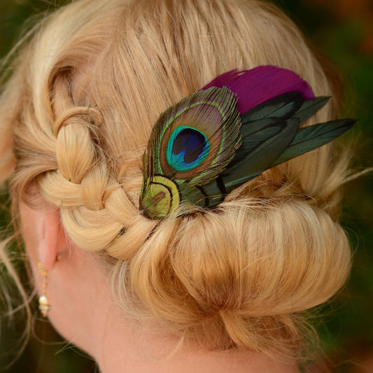 Plum and Peacock Feather Hair Clip No.092
