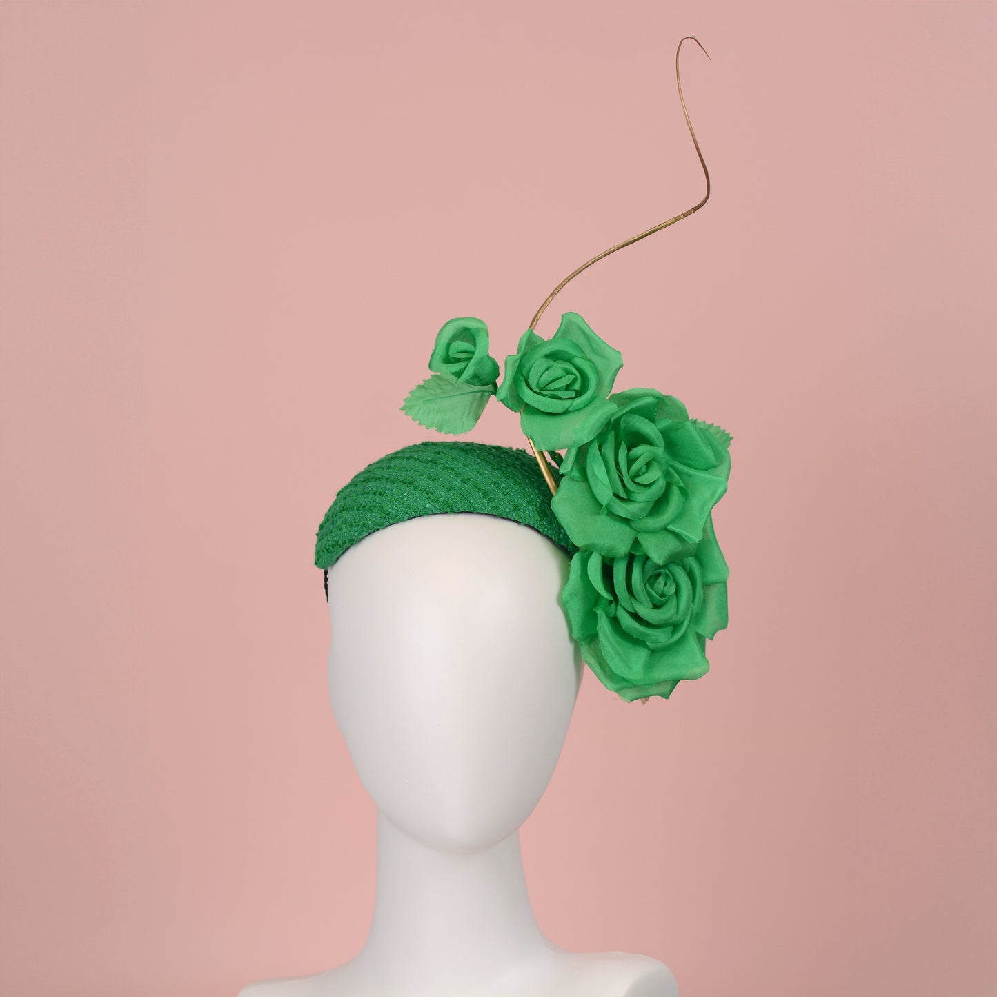 Headband Fascinator Emerald Green Giant Rose Bandeau With Gold Quill
