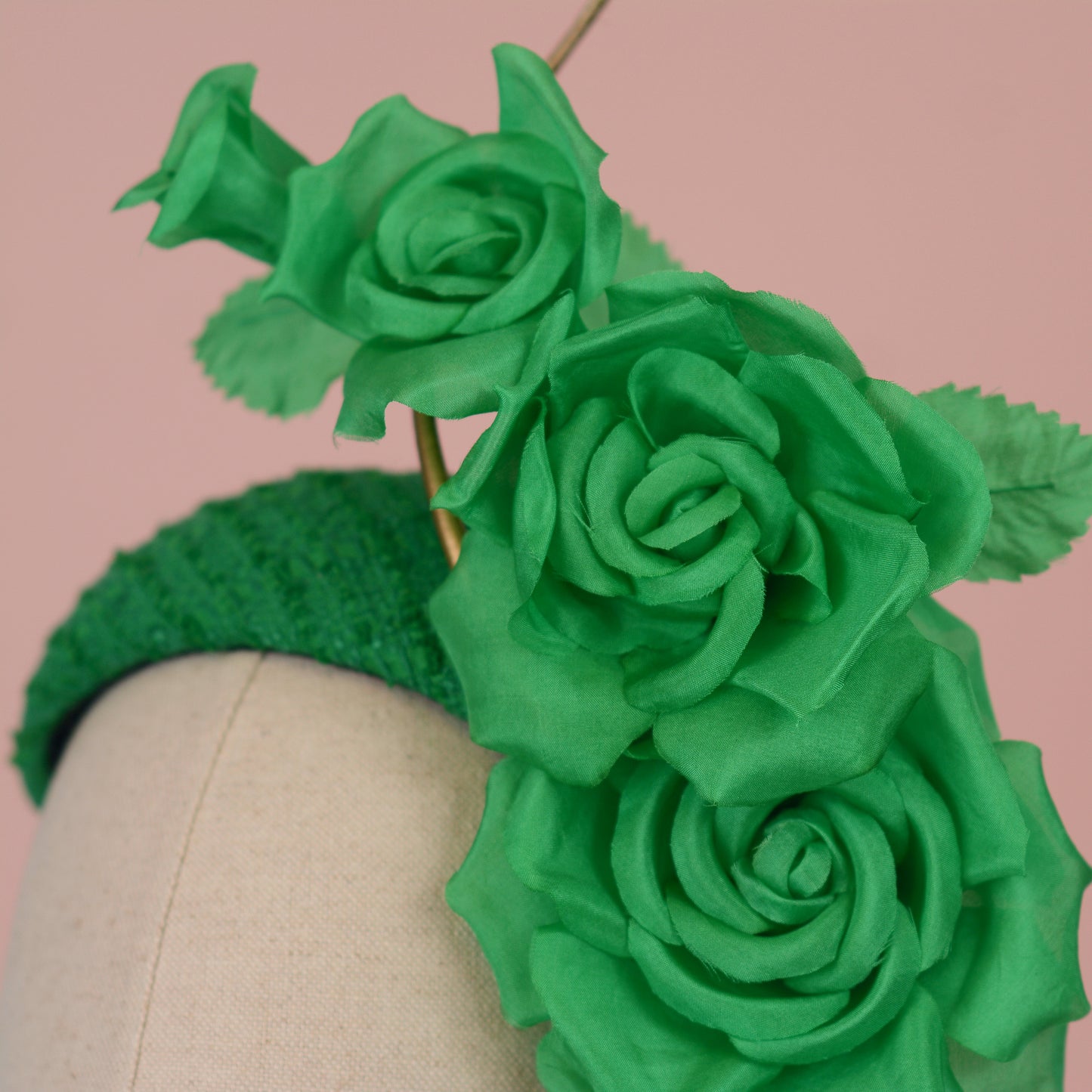 Headband Fascinator Emerald Green Giant Rose Bandeau With Gold Quill