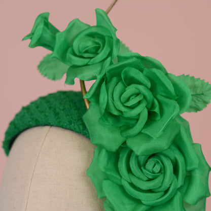 Headband Fascinator Emerald Green Giant Rose Bandeau With Gold Quill