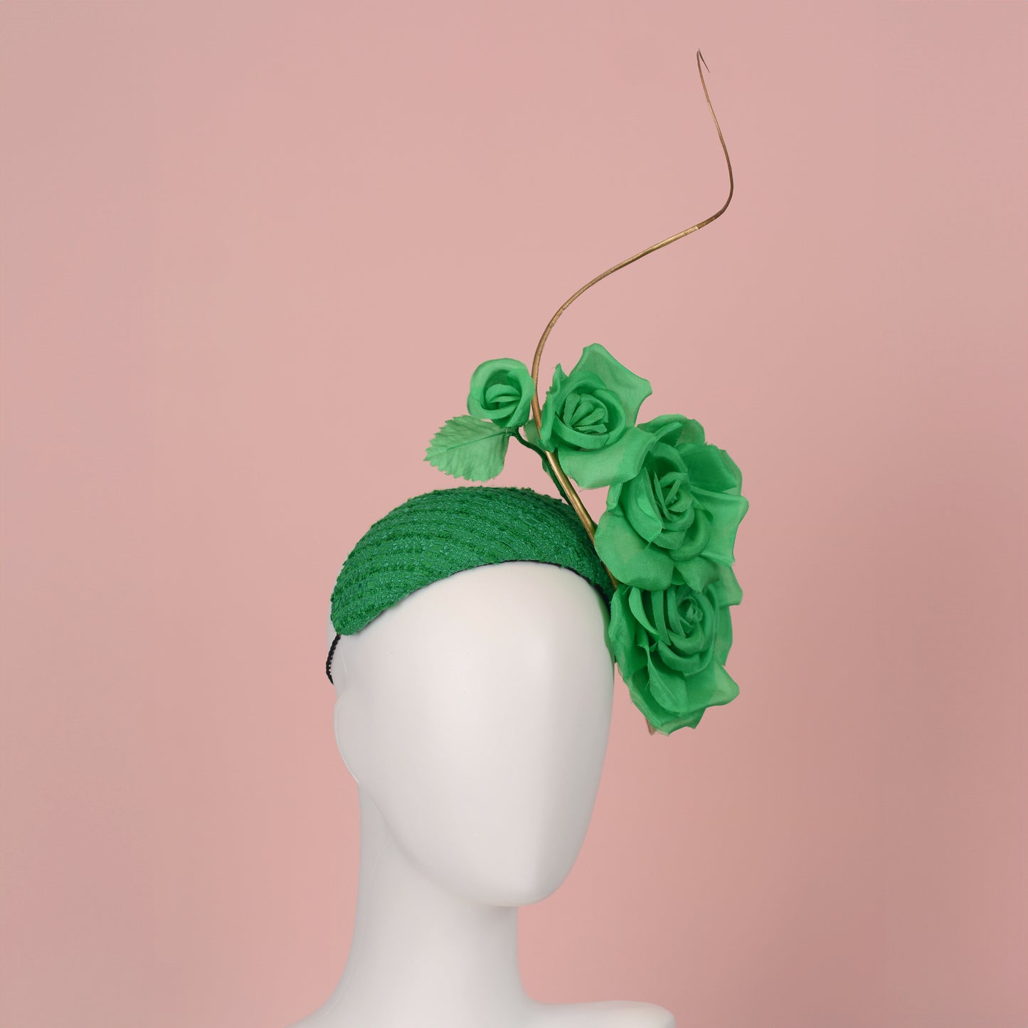 Headband Fascinator Emerald Green Giant Rose Bandeau With Gold Quill