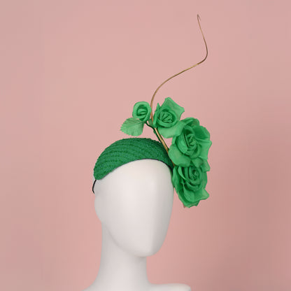 Headband Fascinator Emerald Green Giant Rose Bandeau With Gold Quill