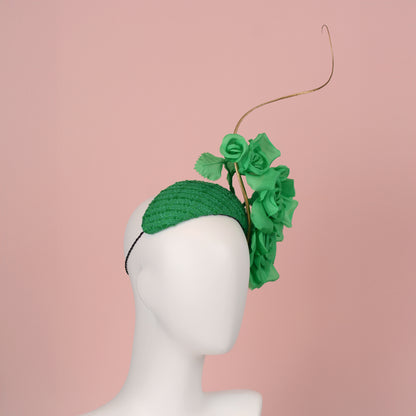 Headband Fascinator Emerald Green Giant Rose Bandeau With Gold Quill
