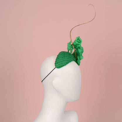 Headband Fascinator Emerald Green Giant Rose Bandeau With Gold Quill