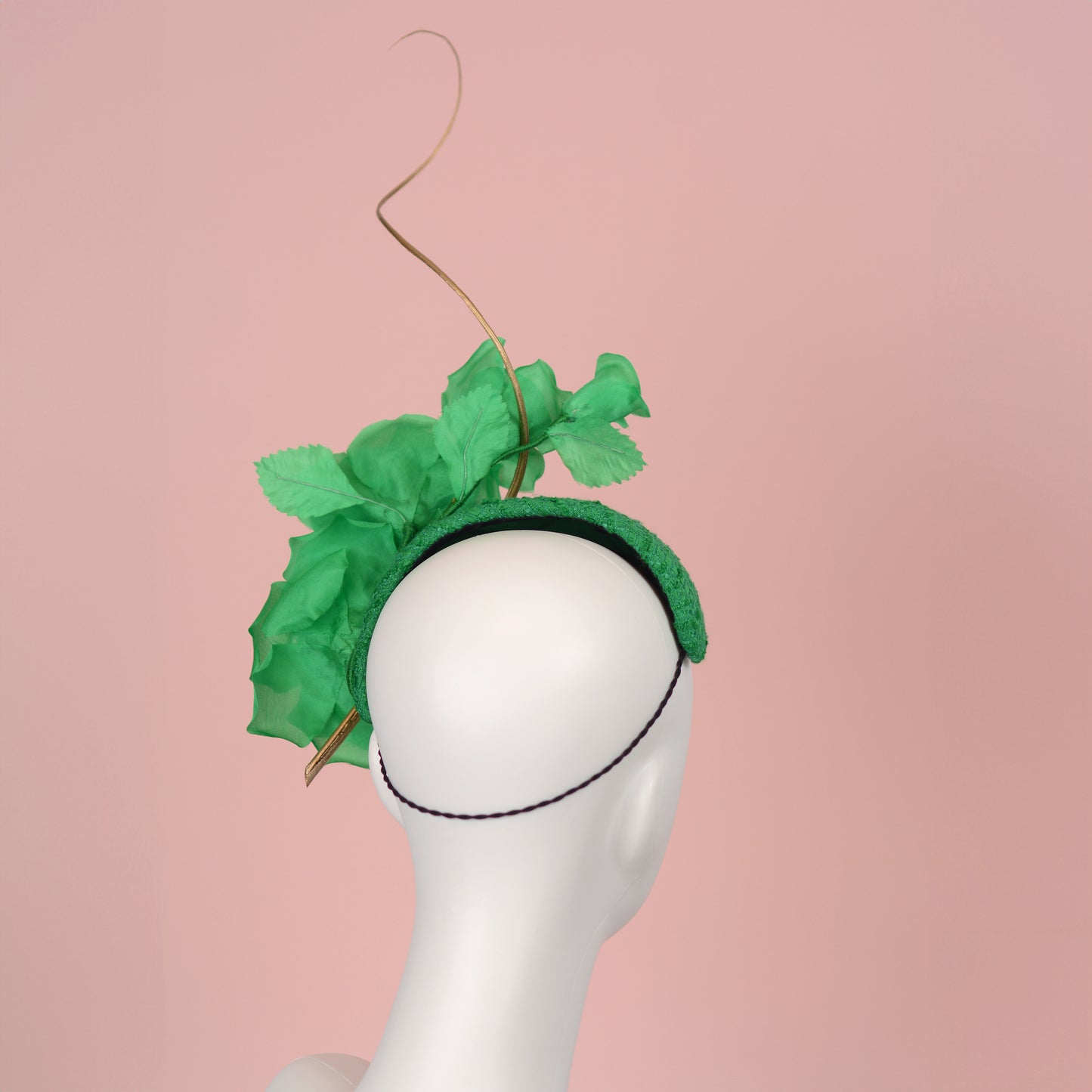 Headband Fascinator Emerald Green Giant Rose Bandeau With Gold Quill