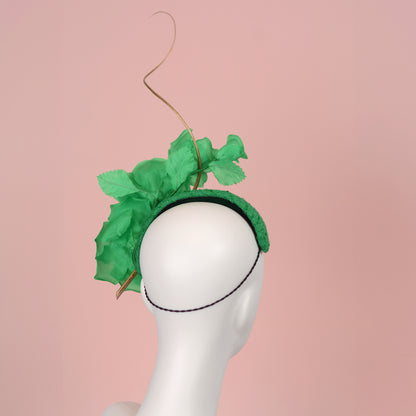 Headband Fascinator Emerald Green Giant Rose Bandeau With Gold Quill