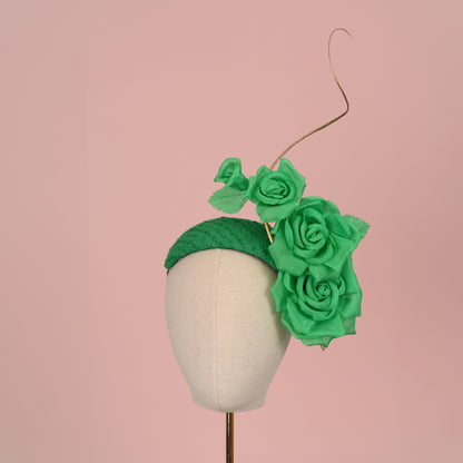 Headband Fascinator Emerald Green Giant Rose Bandeau With Gold Quill