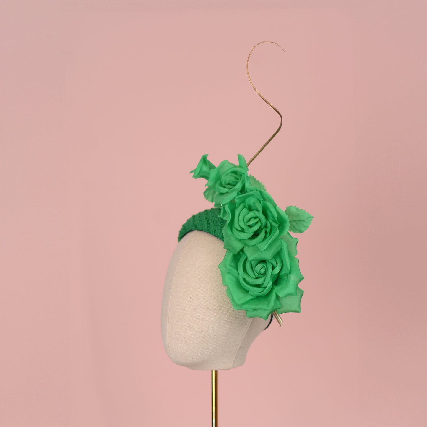 Headband Fascinator Emerald Green Giant Rose Bandeau With Gold Quill