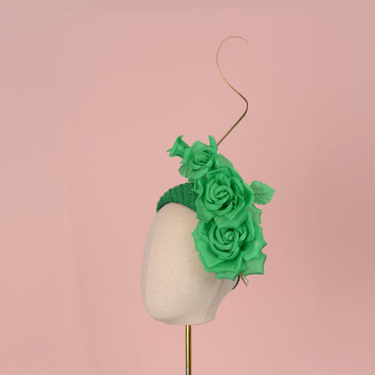 Headband Fascinator Emerald Green Giant Rose Bandeau With Gold Quill