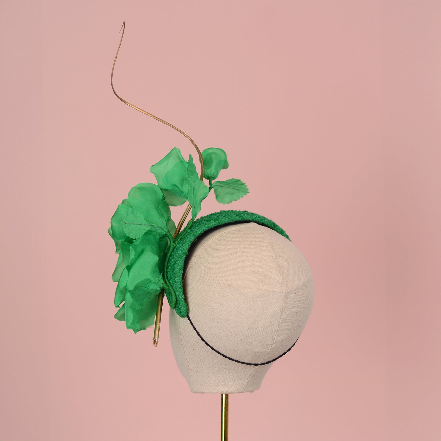 Headband Fascinator Emerald Green Giant Rose Bandeau With Gold Quill