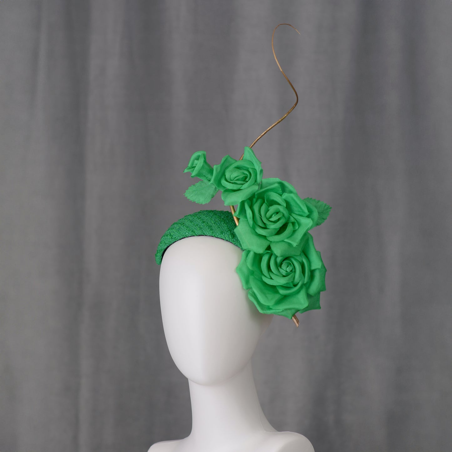 Headband Fascinator Emerald Green Giant Rose Bandeau With Gold Quill