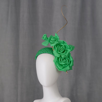 Headband Fascinator Emerald Green Giant Rose Bandeau With Gold Quill