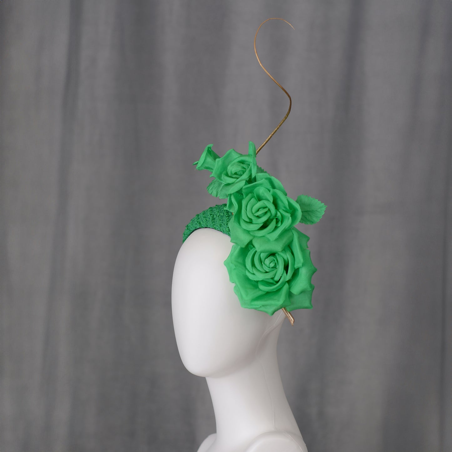 Headband Fascinator Emerald Green Giant Rose Bandeau With Gold Quill