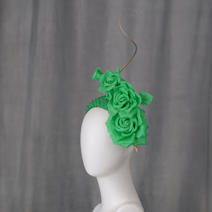 Headband Fascinator Emerald Green Giant Rose Bandeau With Gold Quill