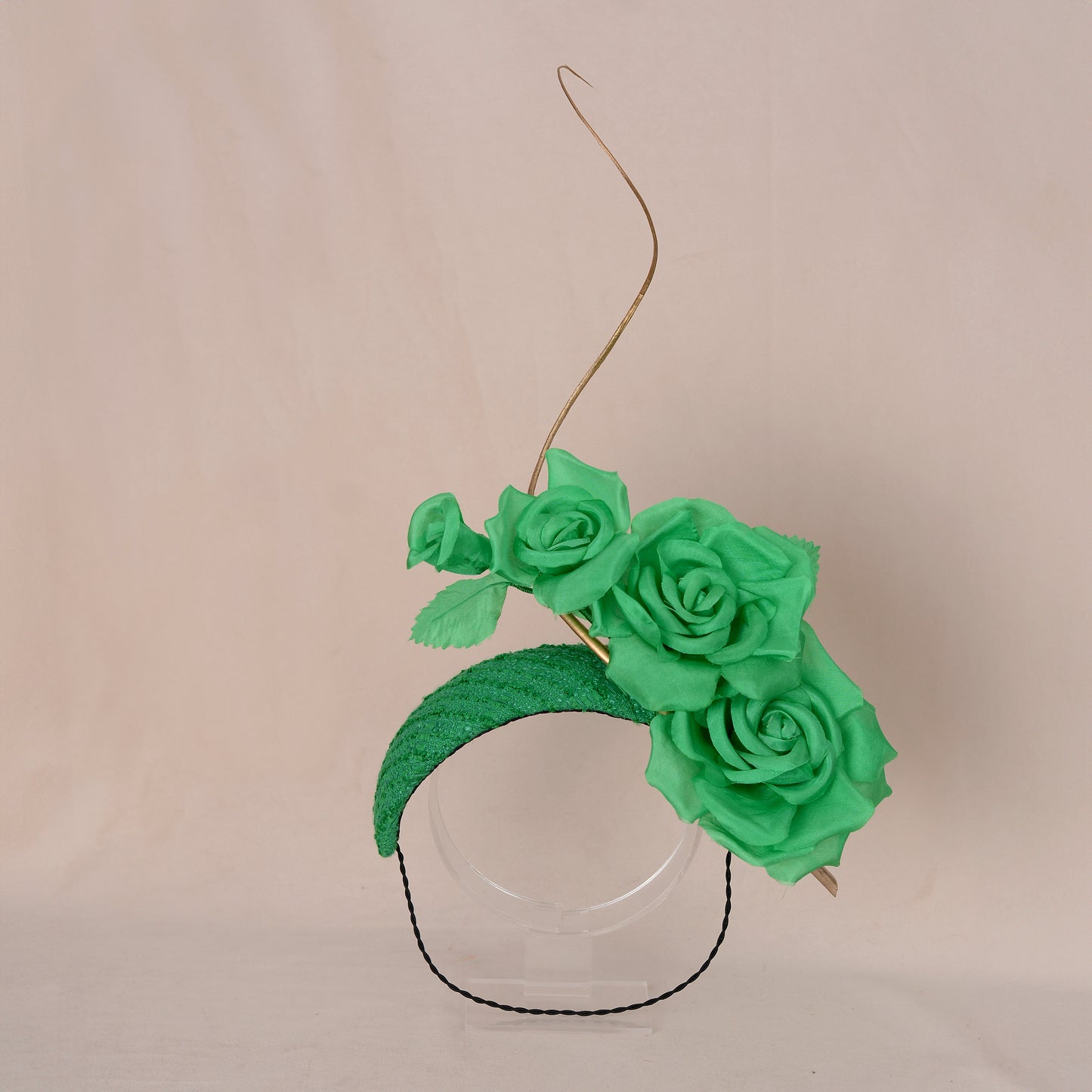 Headband Fascinator Emerald Green Giant Rose Bandeau With Gold Quill