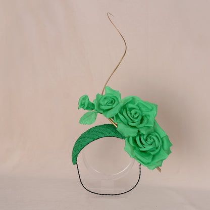 Headband Fascinator Emerald Green Giant Rose Bandeau With Gold Quill